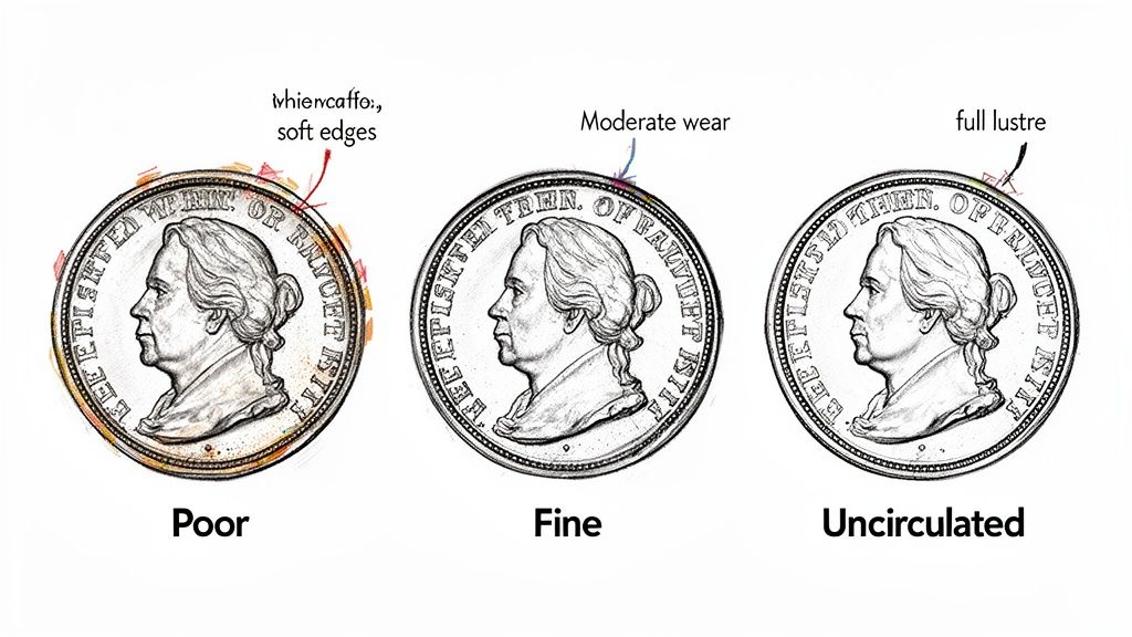 Three shillings coins illustrate coin grading: Poor (soft edges), Fine (moderate wear), and Uncirculated (full lustre).