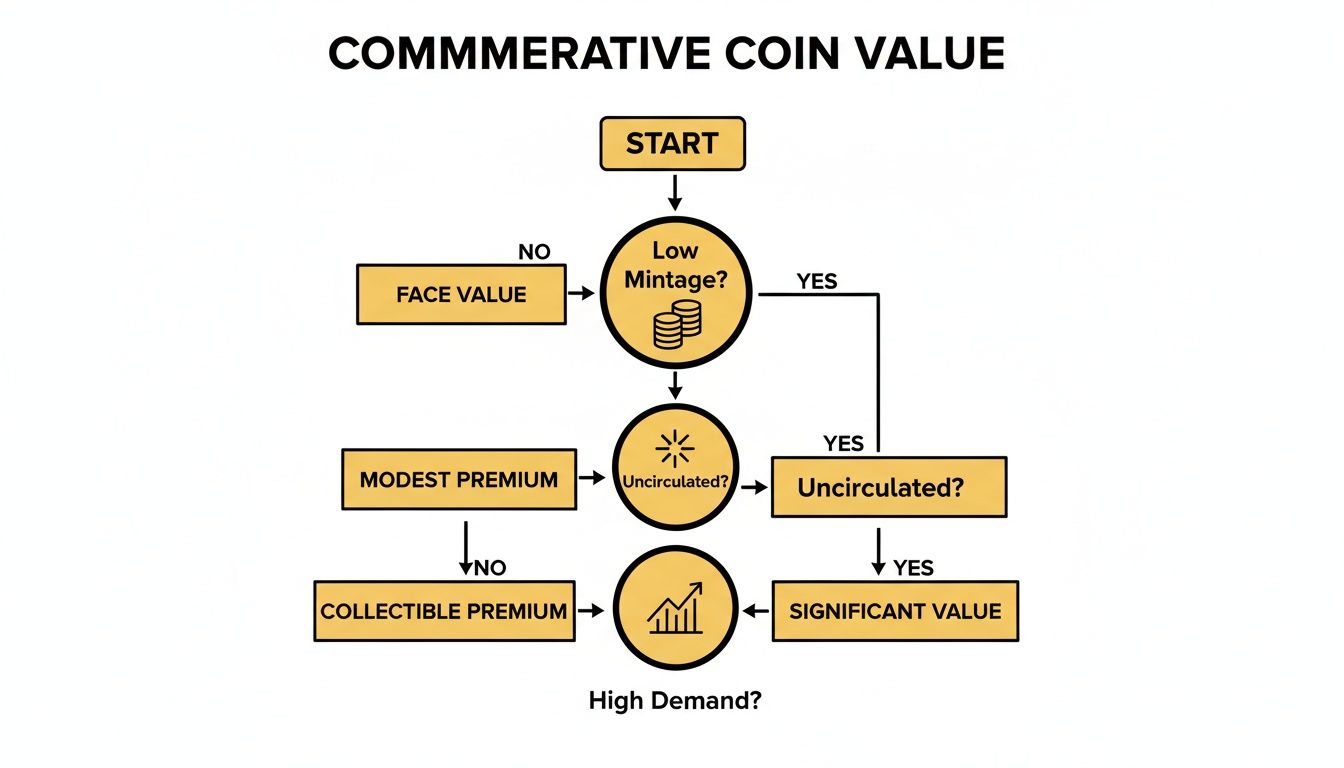 Flowchart detailing the factors influencing commemorative coin value based on mintage, condition, and demand.