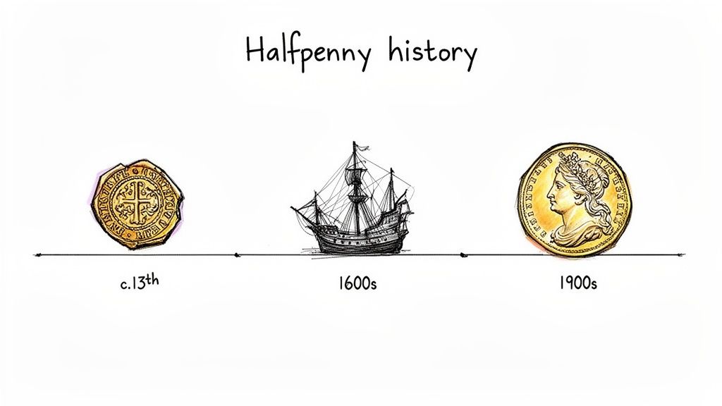 Timeline showing halfpenny evolution from a 13th-century coin, to a 17th-century ship, and a 20th-century coin.