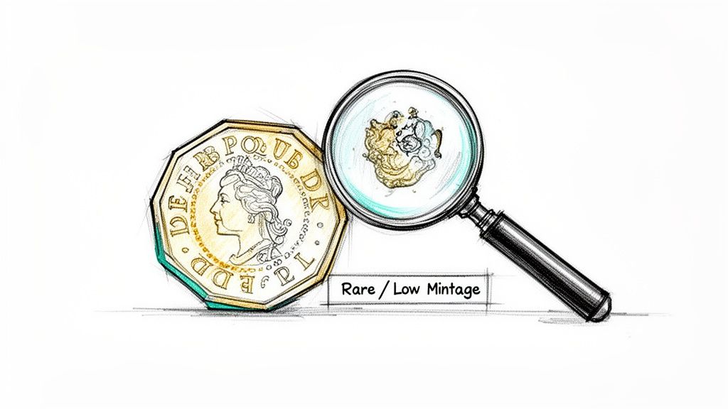 A detailed illustration of a coin being inspected by a magnifying glass, indicating rarity.