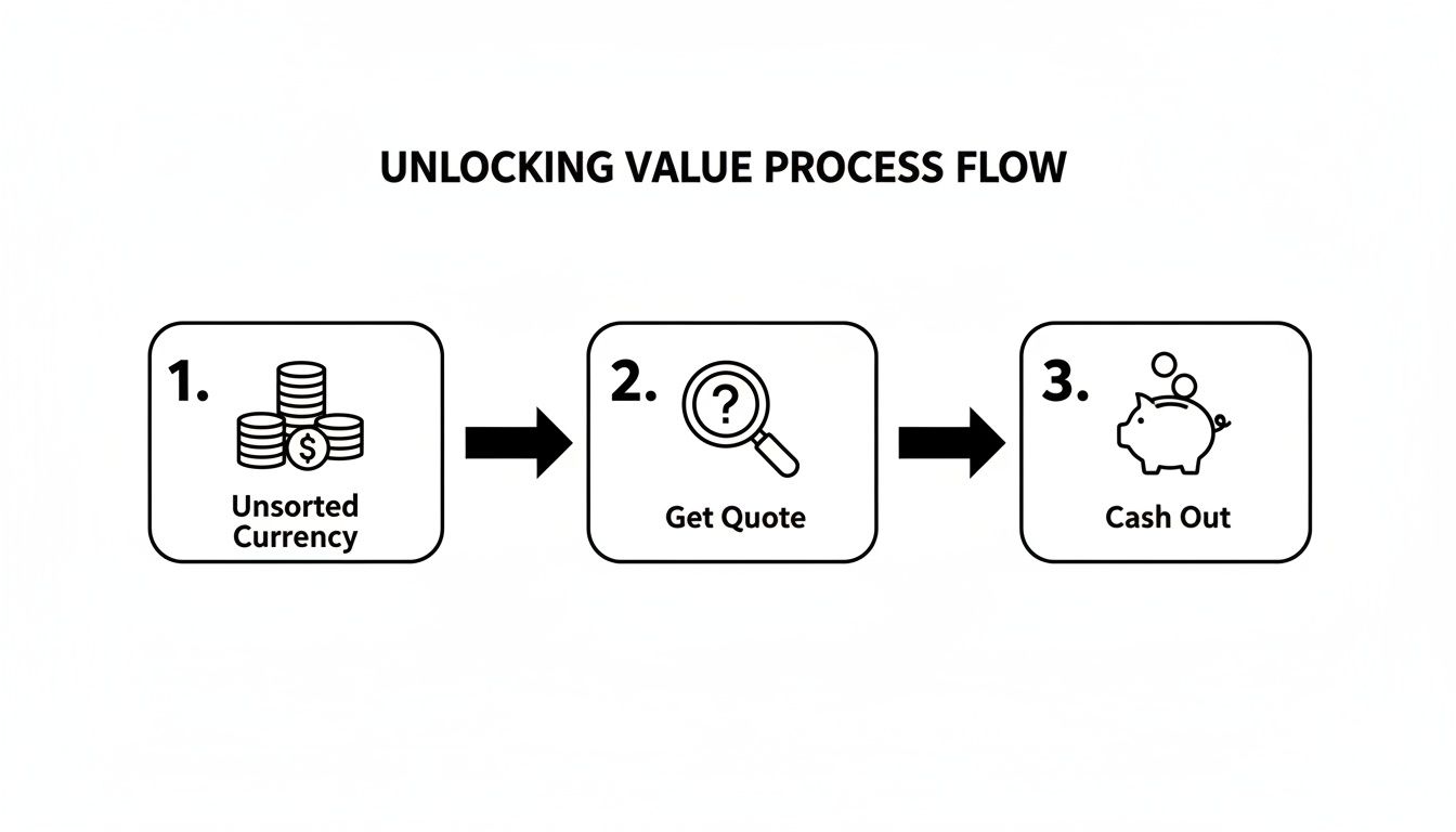 A three-step process flow for unlocking value: Unsorted Currency, Get Quote, and Cash Out.