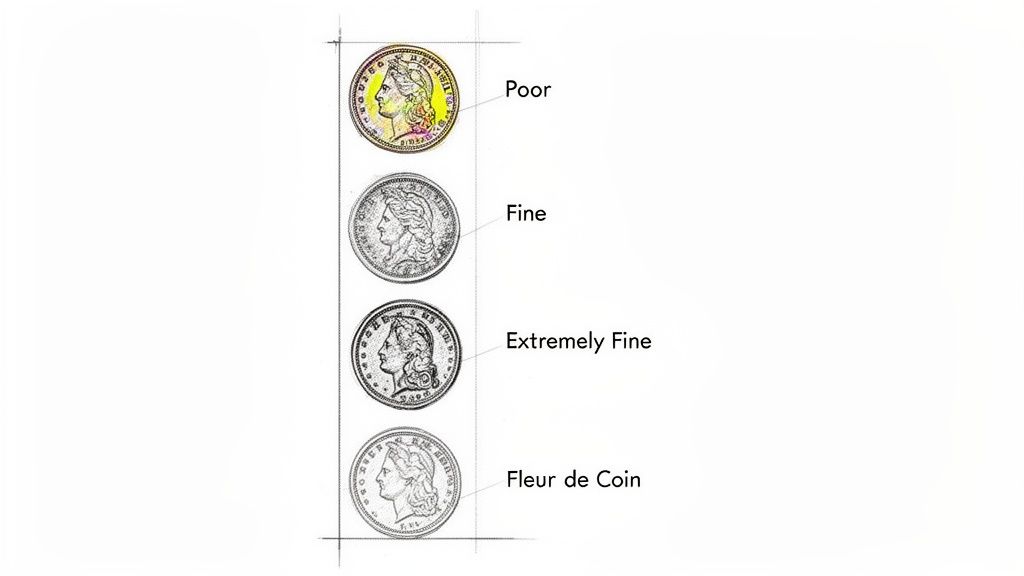 Diagram illustrating four different coin grading conditions: Poor, Fine, Extremely Fine, and Fleur de Coin.