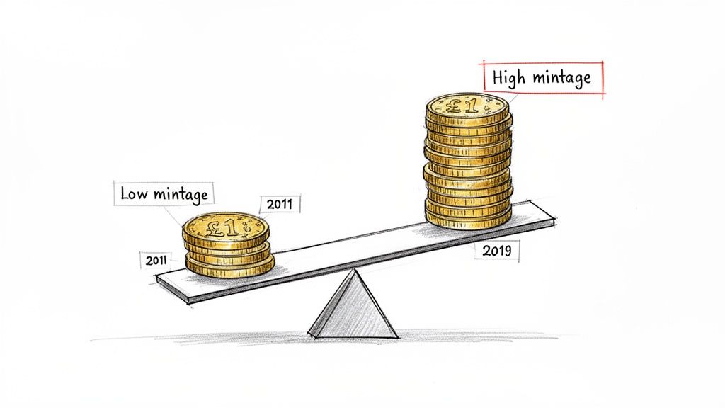A seesaw balances low mintage 2011 pound coins against high mintage 2019 pound coins.