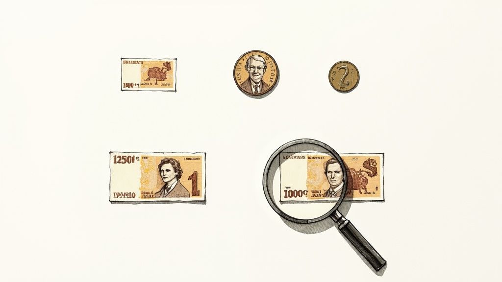 An illustration depicting various old German banknotes and coins, with a magnifying glass examining one bill.