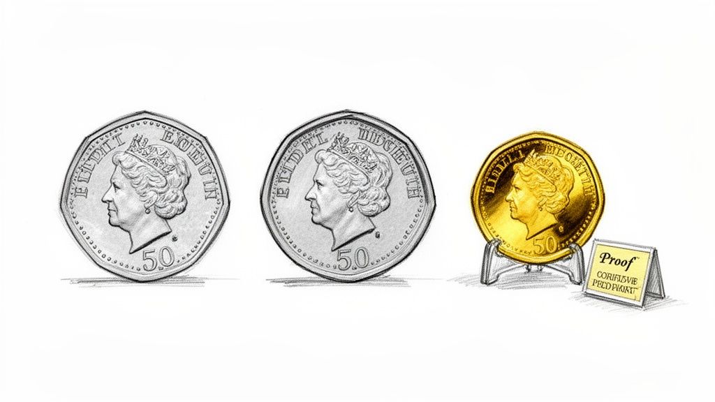 Illustration of three Queen Elizabeth II 50 pence coins, including a golden proof coin on a stand.