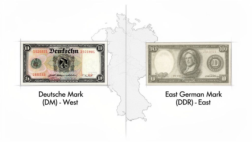 Two German banknotes, Deutsche Mark (West) and East German Mark (East), shown over a divided map of Germany.