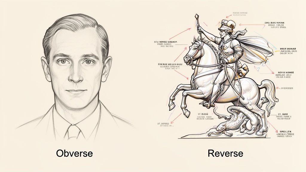 Pencil sketch showing a man's portrait on the obverse and Saint George slaying a dragon on horseback on the reverse.