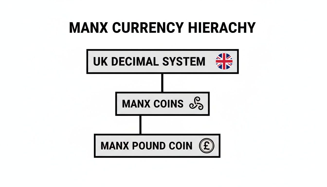 A hierarchy diagram showing Manx currency system from UK Decimal System to Manx Pound Coin.