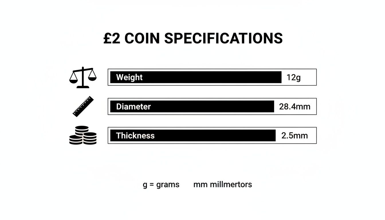 Specifications for a two pound coin, including its weight (12g), diameter (28.4mm), and thickness (2.5mm).
