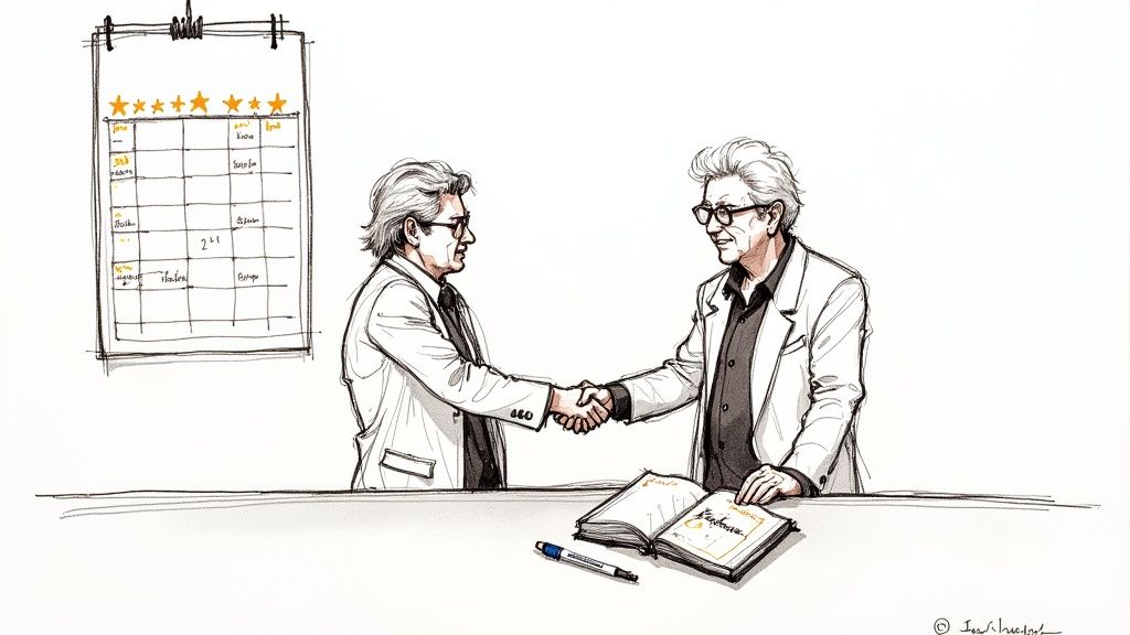 A coin dealer and a client shaking hands over a counter with coins displayed.