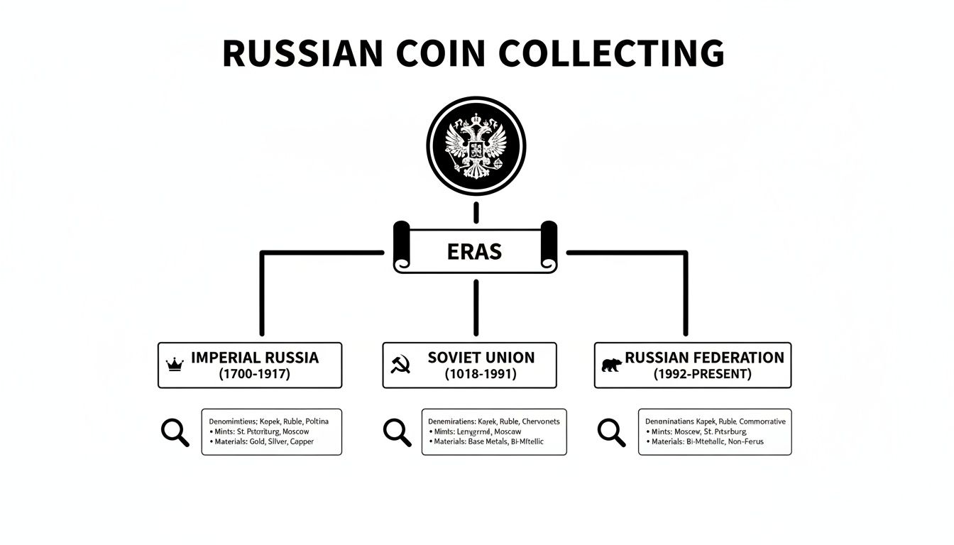 A diagram illustrating Russian coin collecting eras: Imperial Russia, Soviet Union, and Russian Federation, detailing denominations, mints, and materials.