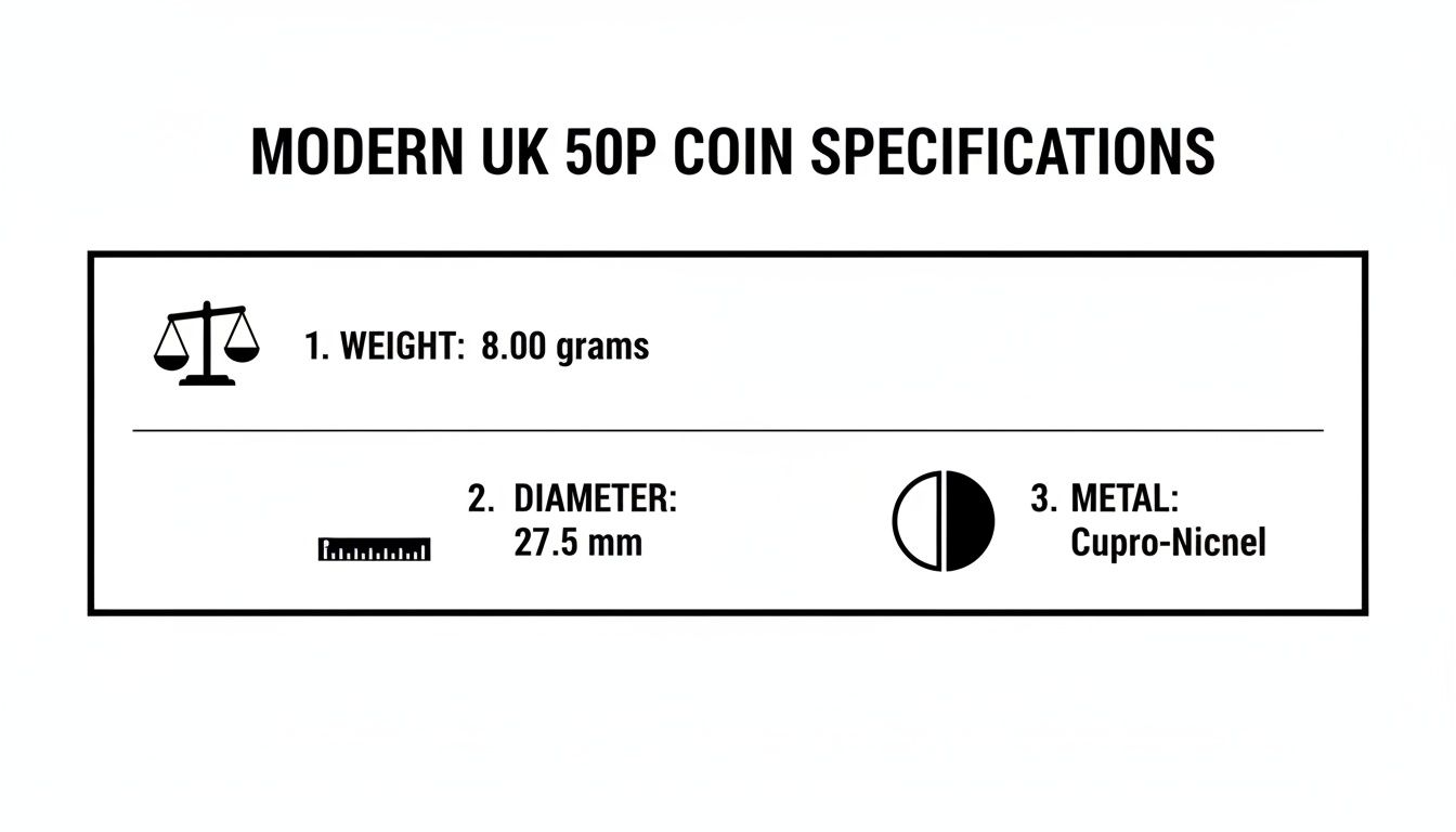 Specifications for a modern UK 50p coin, detailing its weight of 8.00 grams, diameter of 27.5 mm, and cupro-nickel metal composition.