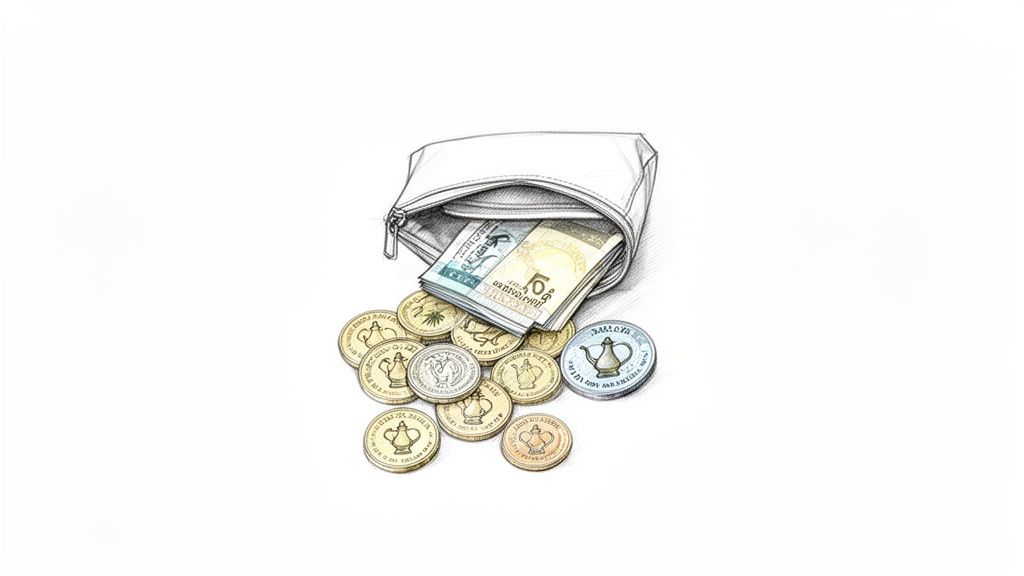 An illustration of an open coin purse overflowing with Arabic banknotes and various currency coins.