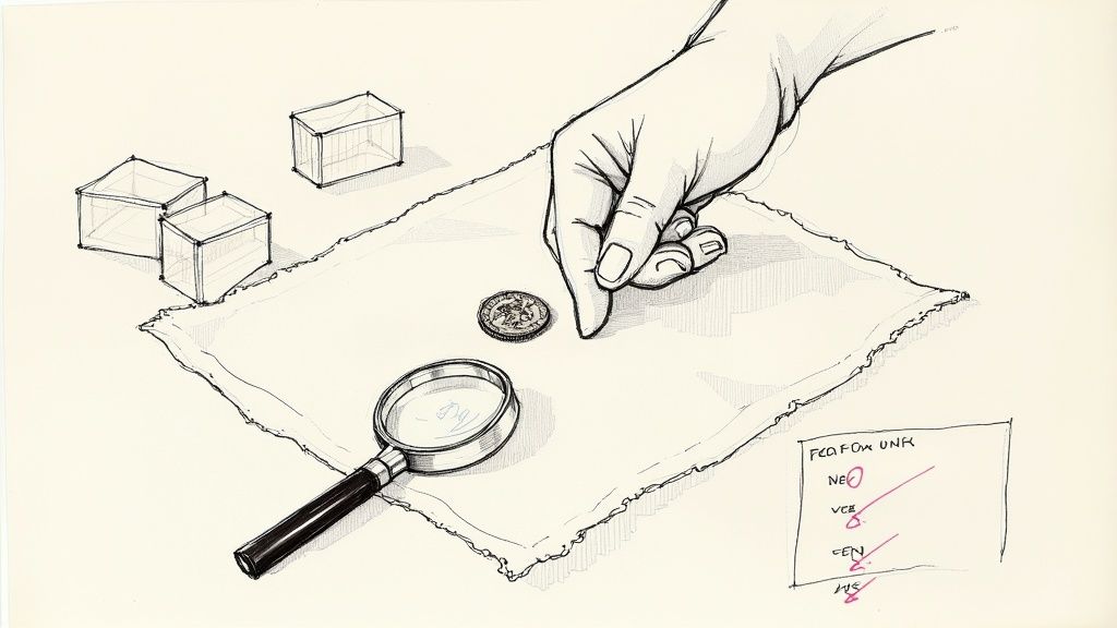 A hand points at a coin on a paper, with a magnifying glass and transparent boxes.