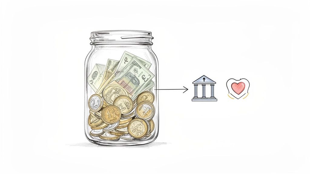 A sketch of a jar filled with banknotes and coins, an arrow pointing to a bank and then a heart icon.