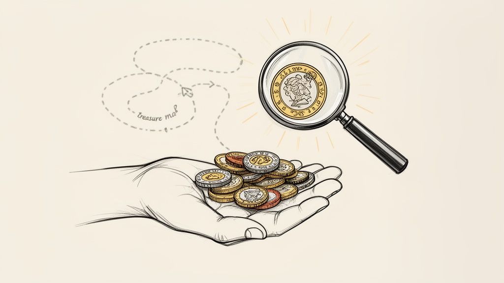 Hand holds a pile of coins, with a magnifying glass highlighting one valuable pound coin.