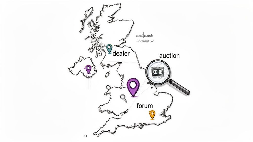 Map of the UK showing pins for dealers, forums, and auctions, indicating local search options.