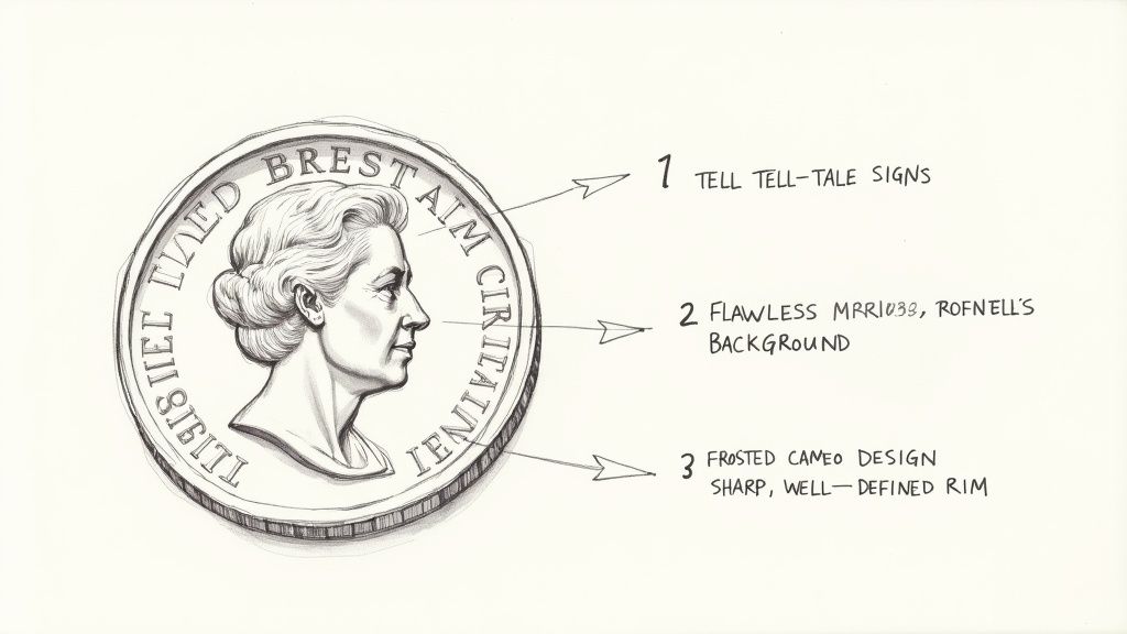 A collector examining a proof coin with a magnifying glass to see its detailed finish.