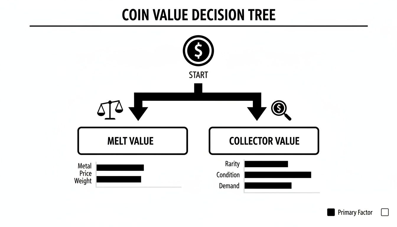 A decision tree illustrates factors for determining a coin's melt value versus its collector value.