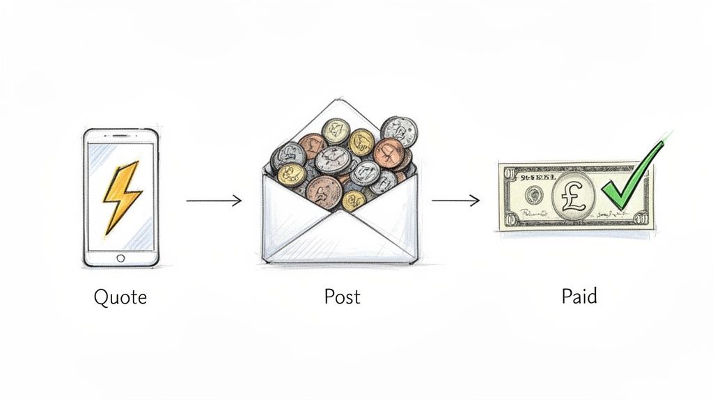 A three-step diagram showing a quote on a phone, coins in an envelope, and a paid banknote.