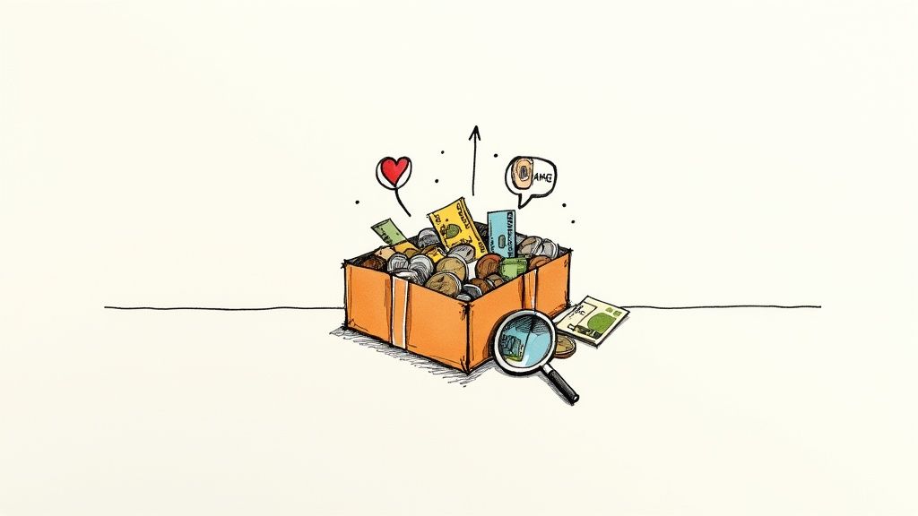 A colorful illustration of a cardboard box filled with money, showing financial growth and investigation.