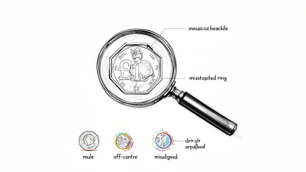 A magnifying glass inspecting a pound coin, highlighting common errors like mule, off-centre, and misaligned.