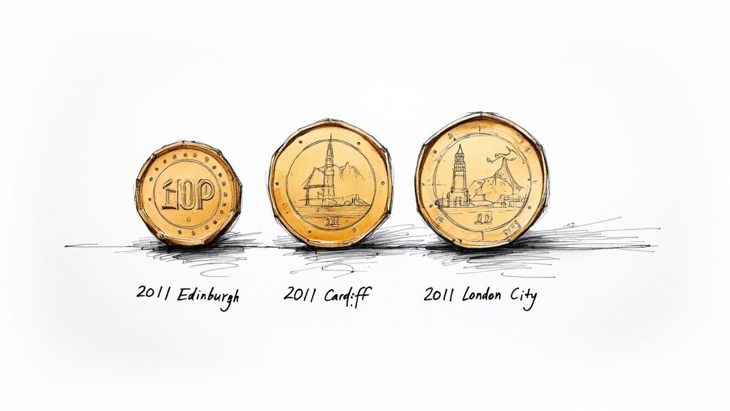 A close-up of the rare 2011 Edinburgh £1 coin, highlighting its intricate design.