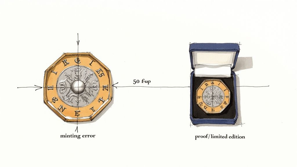 A high-quality, uncirculated Beatrix Potter 50p coin held with tweezers.