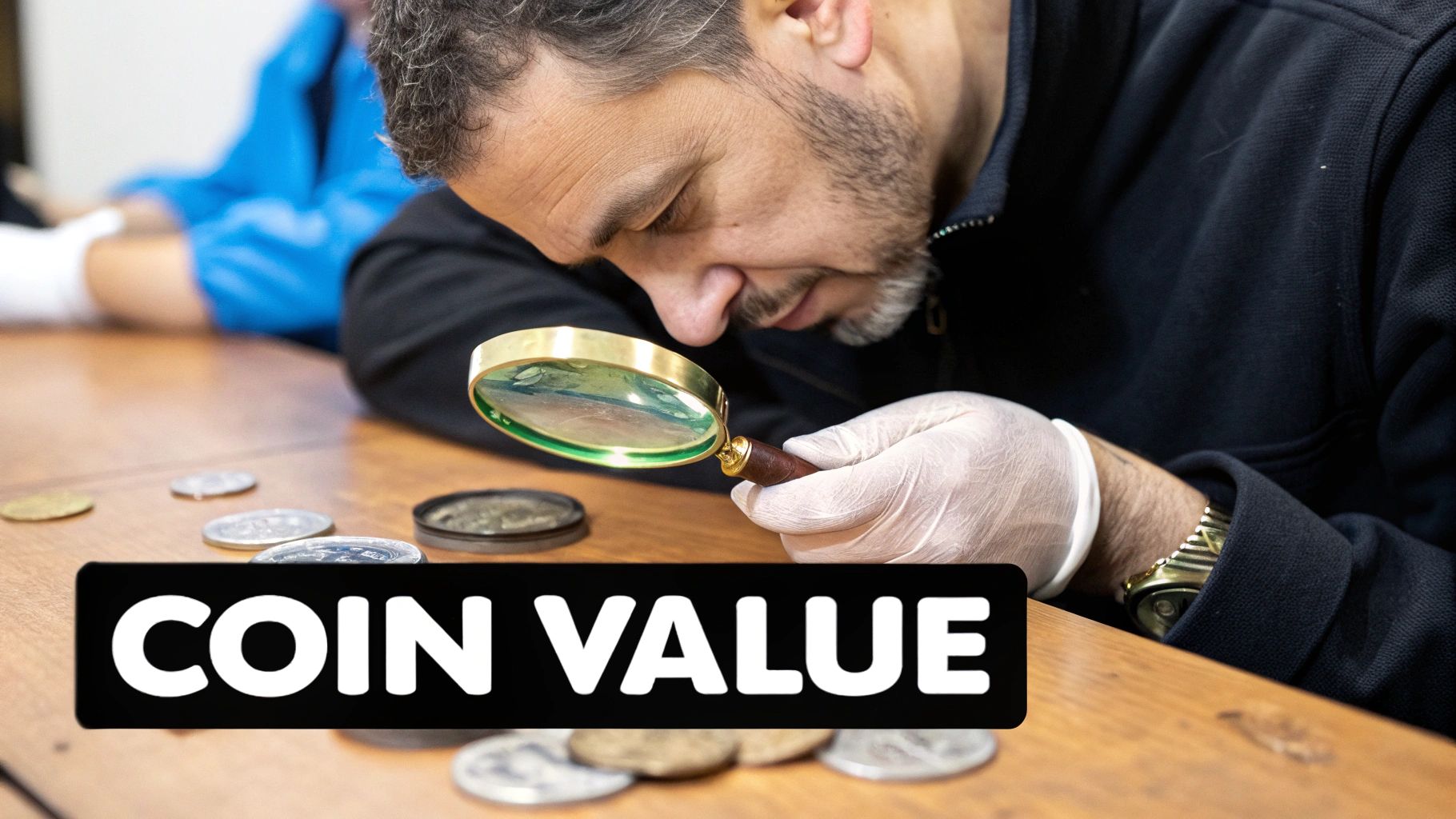 A magnifying glass hovering over several old coins, highlighting intricate details.