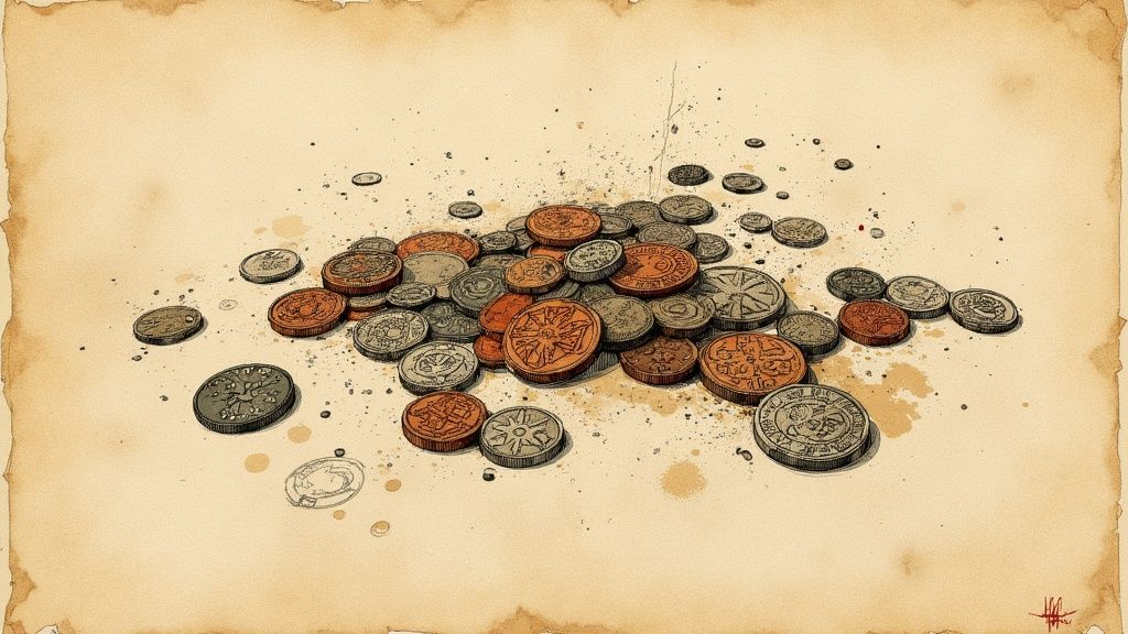 A collection of old European coins and banknotes, including Lira, Francs, and Deutsche Marks, spread across a wooden surface.