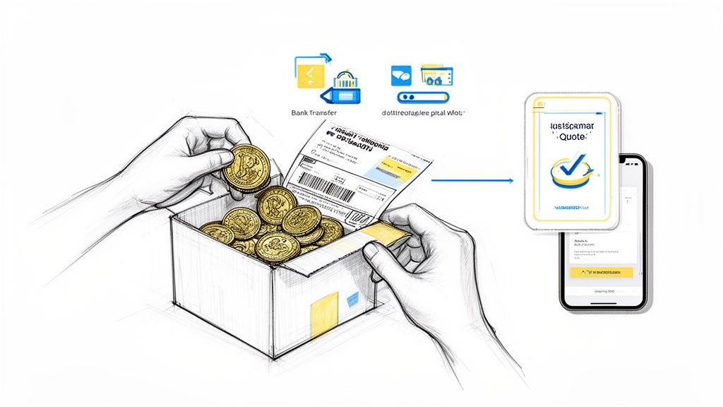 Illustration of hands collecting gold coins and a receipt into a box, connected to a mobile finance app.