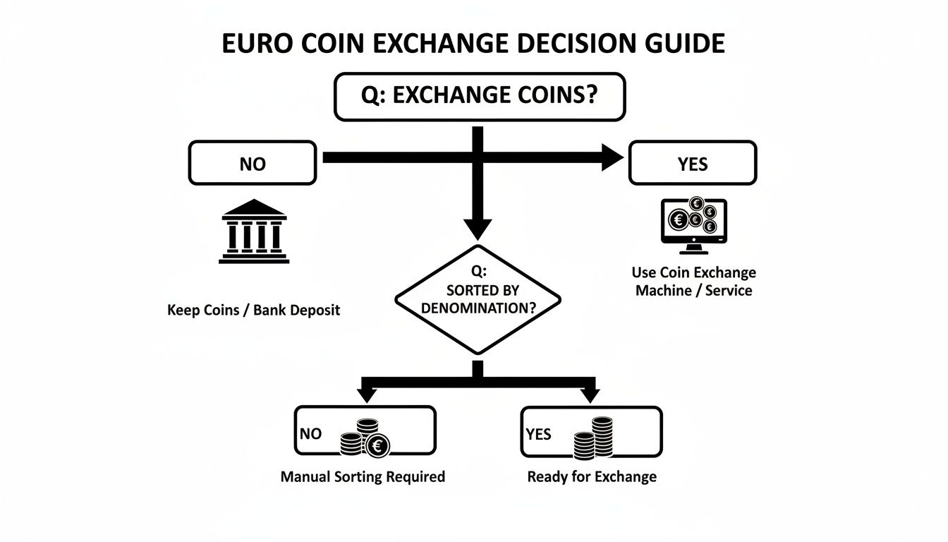 A flowchart guiding decisions on exchanging Euro coins, covering sorting and exchange methods.