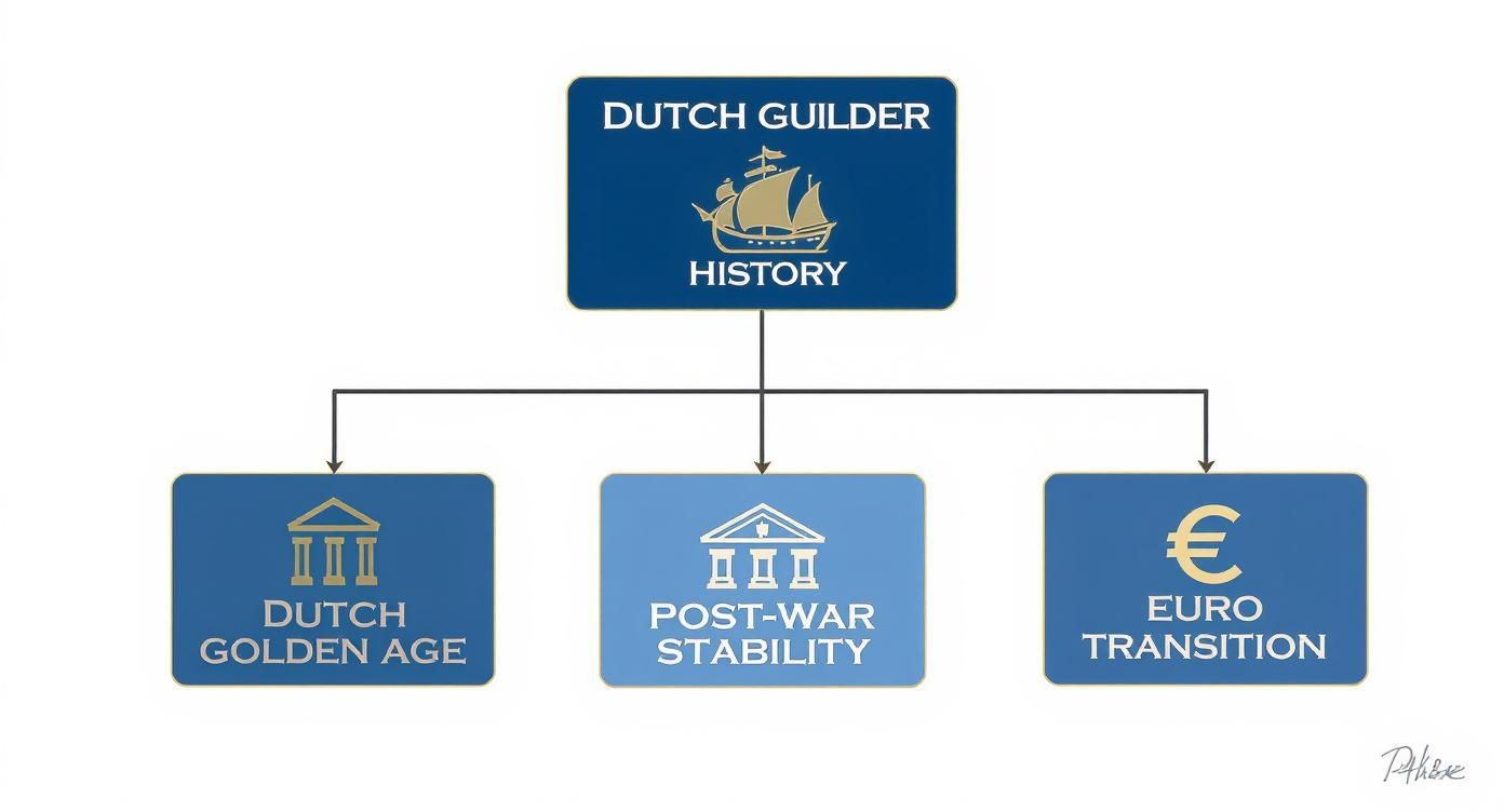 A flowchart displays the history of the Dutch Guilder, detailing its journey to the Euro transition.