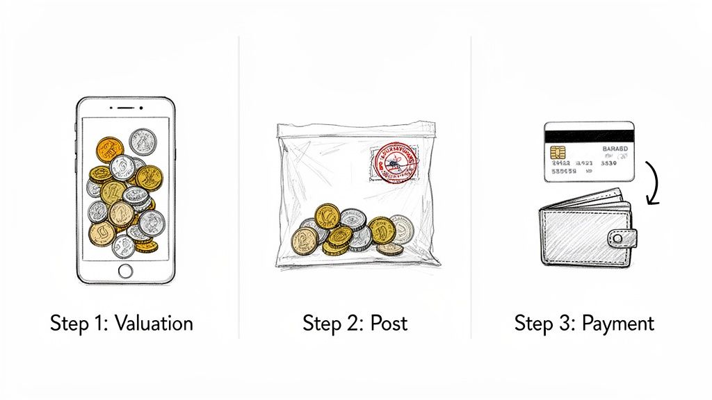 Three steps showing coins on a phone, coins in a bag with a postmark, and a credit card moving towards a wallet, illustrating a coin exchange process.