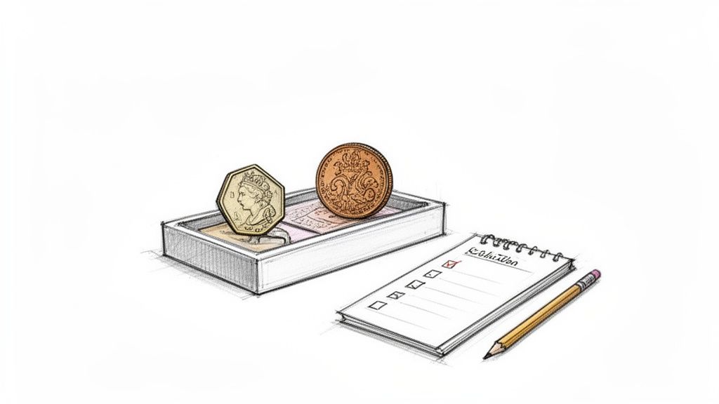 A coin collector's trap featuring two coins on a mousetrap, a checklist notebook, and a pencil.