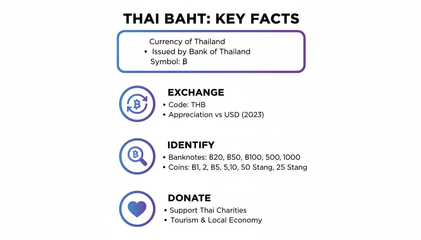 Infographic showing key facts about the Thai Baht currency, including exchange rates and denominations.
