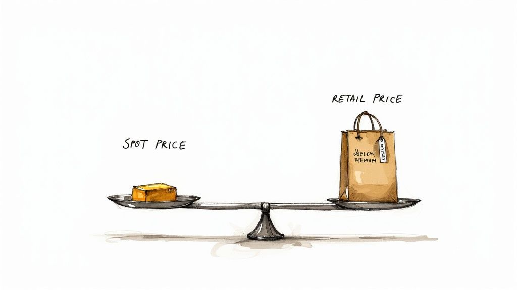 A balance scale weighing a gold bar labeled 'Spot Price' against a shopping bag labeled 'Retail Price'.