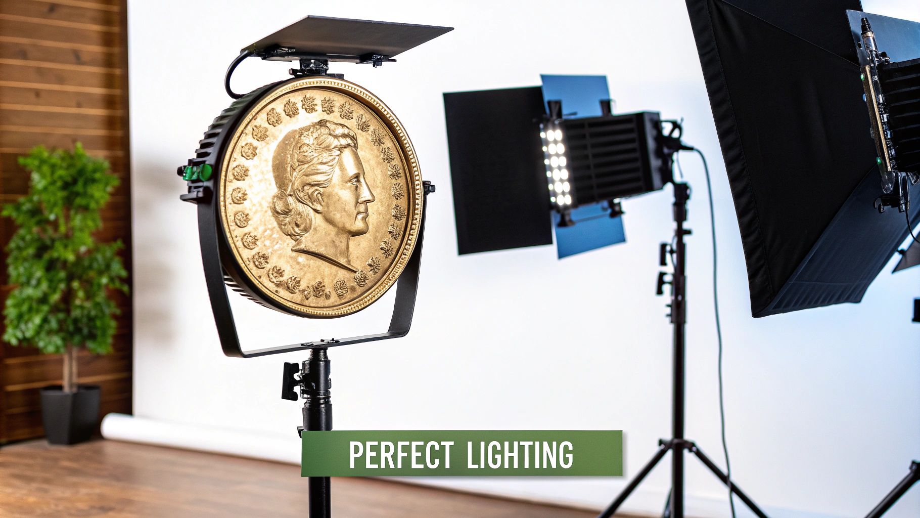 A high-end camera with a macro lens pointing down at a coin, ready for a shot.