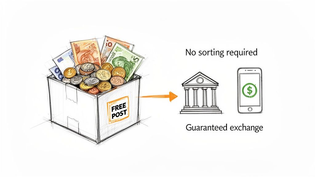 A box of mixed international banknotes and coins is sent for guaranteed digital exchange.
