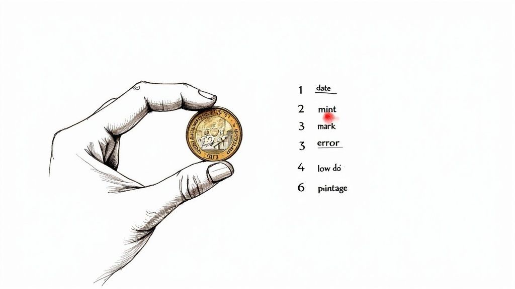 A hand holds a gold coin, next to a list of coin features including date, mint, and error.