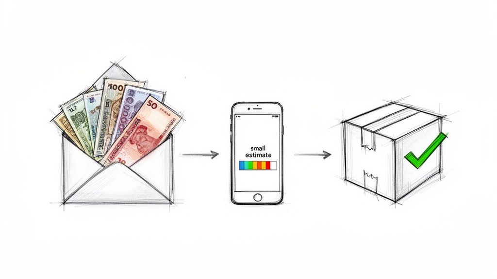 A visual explanation showing old banknotes, a phone app for estimation, and a completed delivery box.