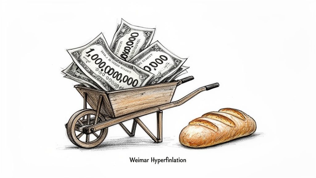 A wheelbarrow overflowing with trillion-mark banknotes next to a single loaf of bread, symbolizing hyperinflation.