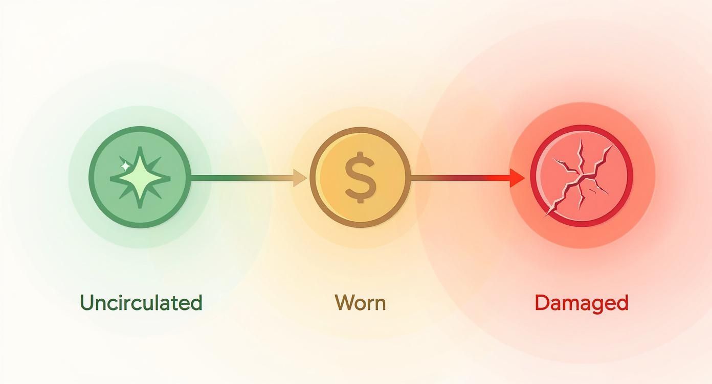 Three connected circles showing coin progression from uncirculated condition through worn to damaged state
