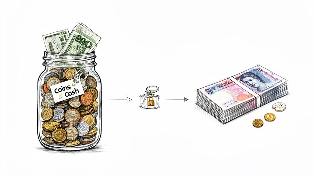A sketch showing a jar of coins and US dollars being converted to a stack of UK pound notes.