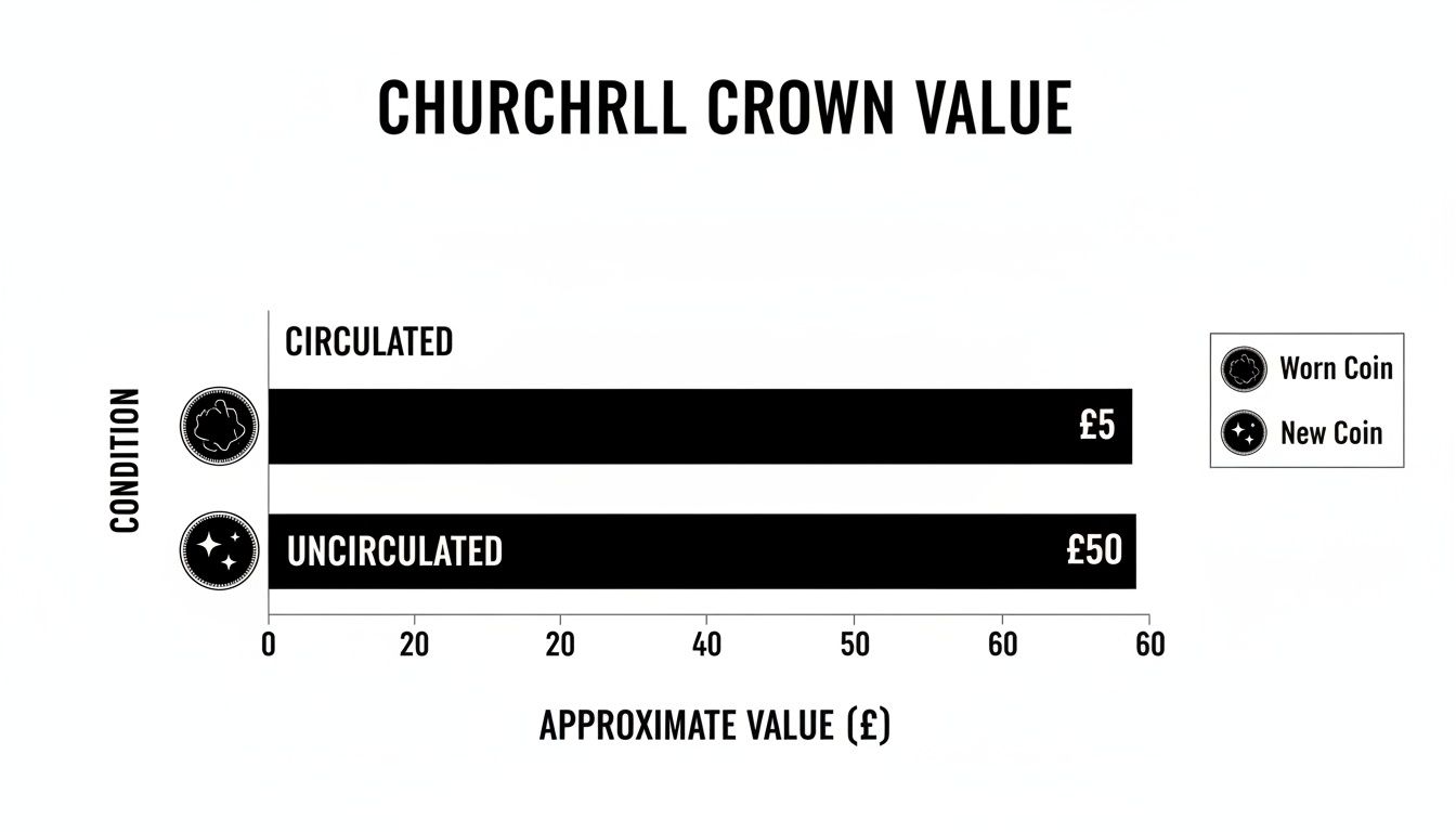 Bar chart illustrating Churchill Crown coin values: £5 for circulated, £50 for uncirculated condition.