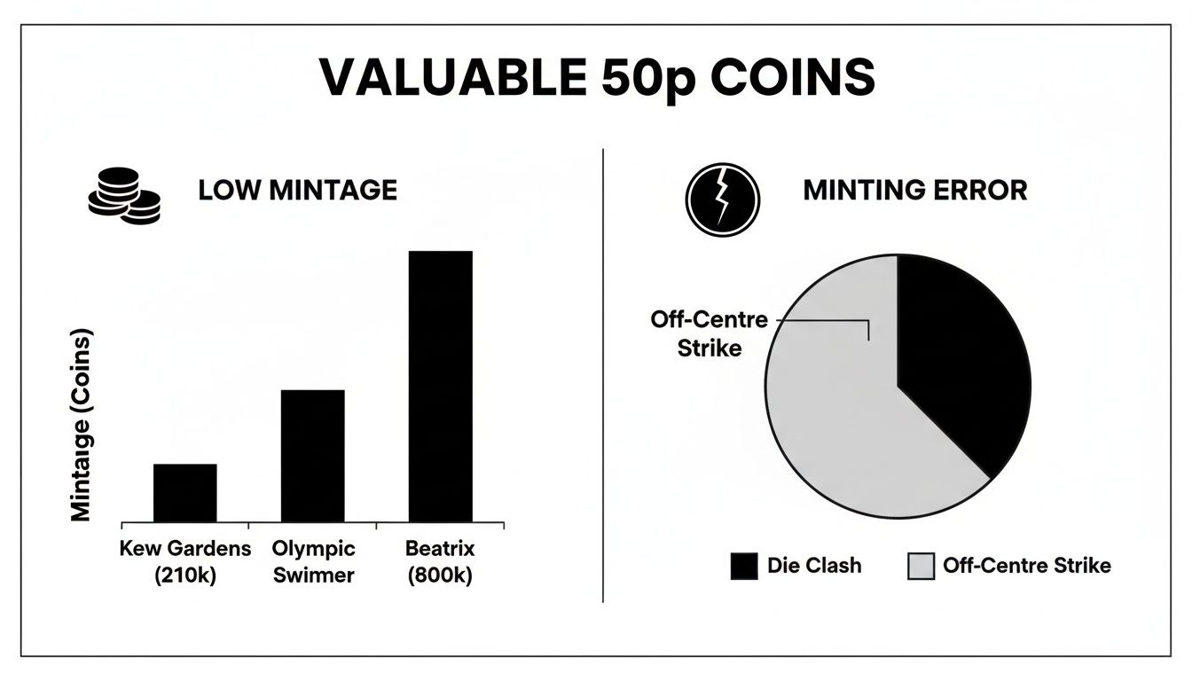 Infographic on valuable 50p coins, detailing low mintage figures and types of minting errors.