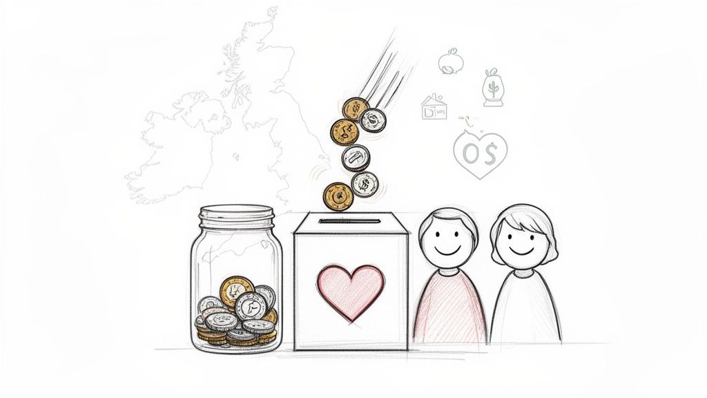 Hand-drawn illustration of coins falling into a donation box with a heart, next to two smiling people.