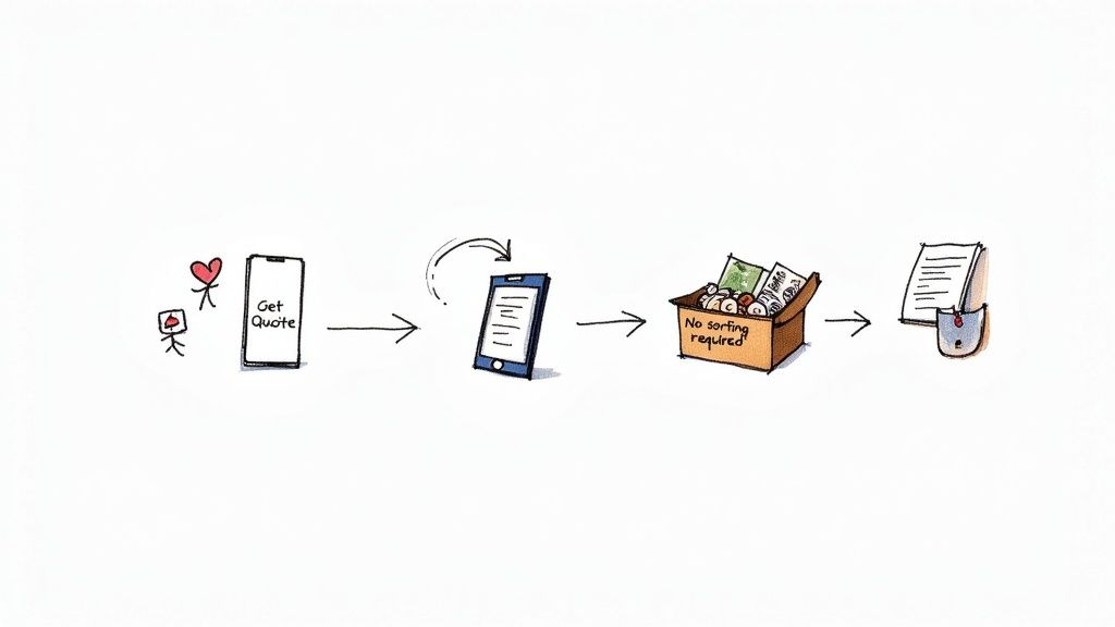 Simple flowchart showing mobile app quote process from request to document delivery without sorting
