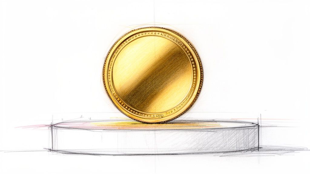 Detailed sketch of a shiny golden coin standing upright on a drawn pedestal, white background.