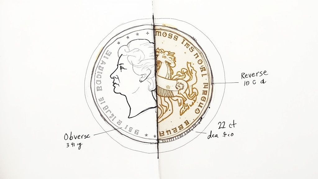 A detailed close-up of a half sovereign coin, showing its intricate design.